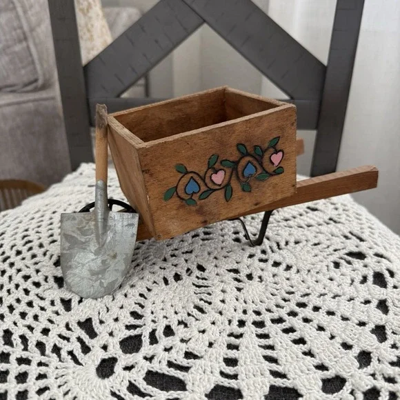 Vintage Rustic Wood Wheelbarrow Planter w/ Pyrography Hearts with Shovel Decor - Picture 2 of 6